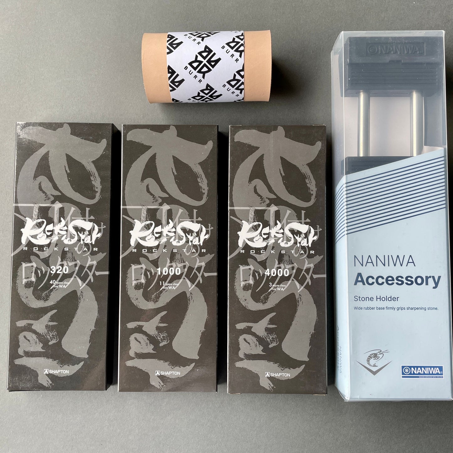 SHAPTON ROCKSTAR slipesett med tre slipesteiner, steinholder og lærstropp fra BURR knivsliping