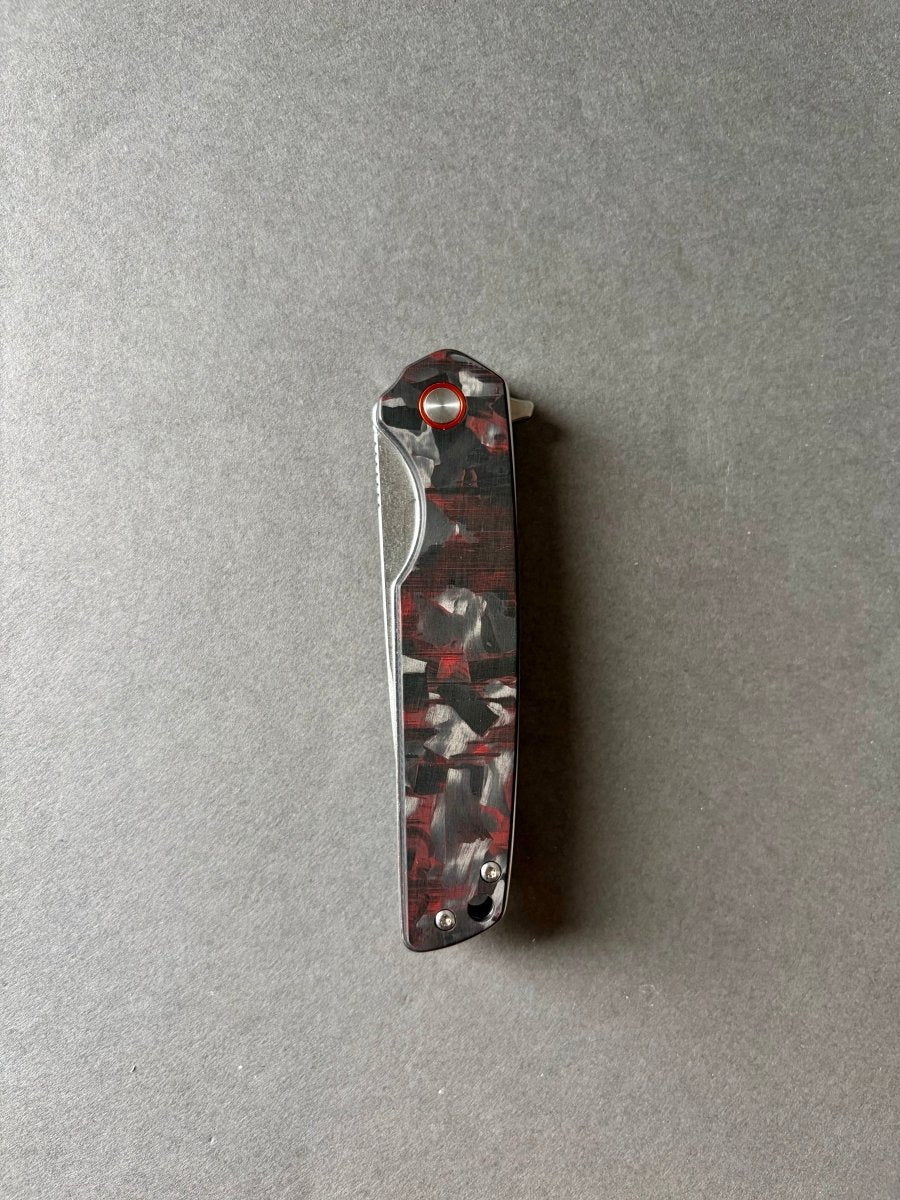 Foldekniv 9cm D2 steel Black/Red Carbon Fiber Handle EDC - Burr-knivsliping