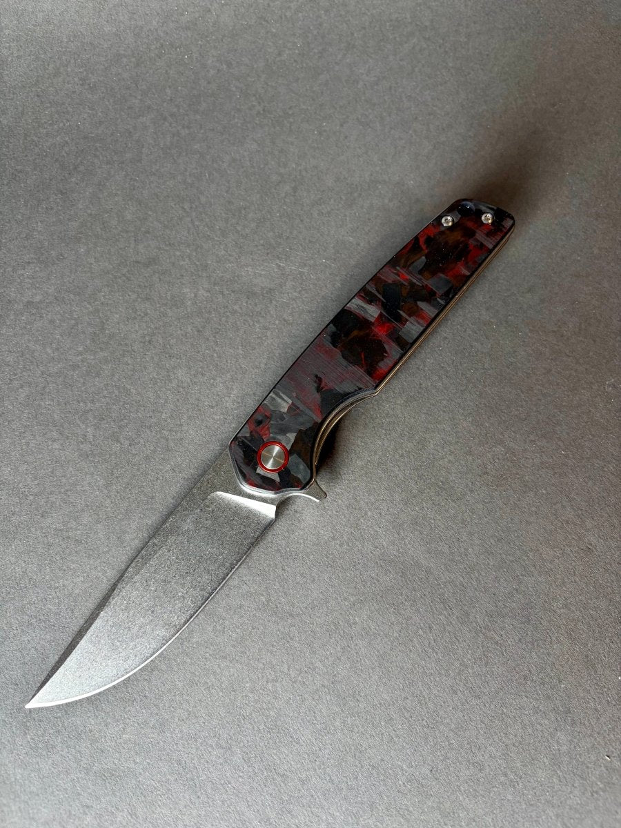 Foldekniv 9cm D2 steel Black/Red Carbon Fiber Handle EDC - Burr-knivsliping
