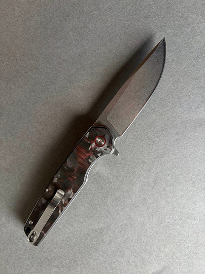 Foldekniv 9cm D2 steel Black/Red Carbon Fiber Handle EDC - Burr-knivsliping
