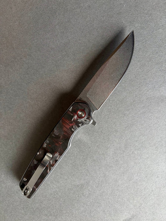 Foldekniv 9cm D2 steel Black/Red Carbon Fiber Handle EDC - Burr-knivsliping